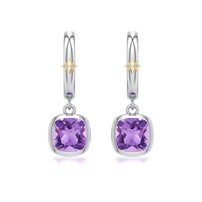 Angara 1.6 Ctw Sterling Silver And 18k Yellow Gold Cushion Amethyst Hoop Drop Earrings In Silver & 18k Yellow Gold/light Purple