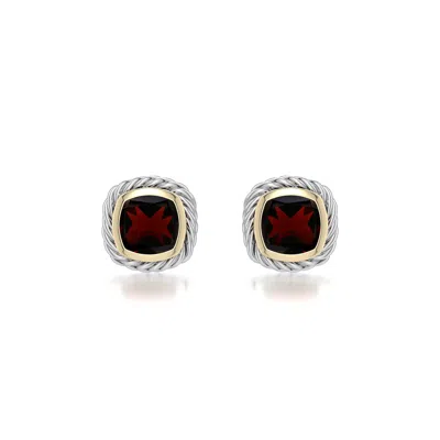 Angara 1.6 Ctw Sterling Silver And 18k Yellow Gold Cushion Garnet Stud Earrings In Silver & 18k Yellow Gold/dark Red