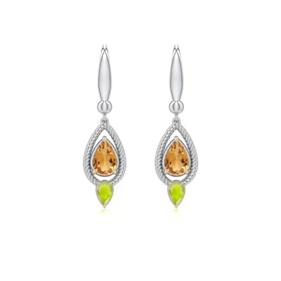 Angara 1.6 Ctw Sterling Silver And 18k Yellow Gold Pear Citrine And Peridot Drop Earrings In Silver & 18k Yellow Gold/light Yellow