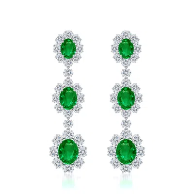 Angara 16.84 Ctw Three-tier Oval Lab-grown Emerald Halo Drop Earrings In Platinum/rich Green