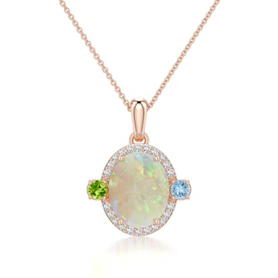Angara 1.69 Ctw Oval Opal Halo Pendant With Aquamarine And Peridot Accents In Rose Gold/milky With Medium Play Of Colour