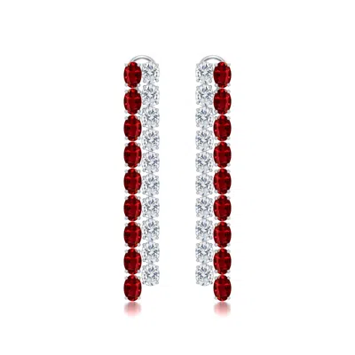 Angara 17.2 Ctw Double-row Oval Lab-grown Ruby And Diamond Dangle Earrings In Platinum/deep Rich Red