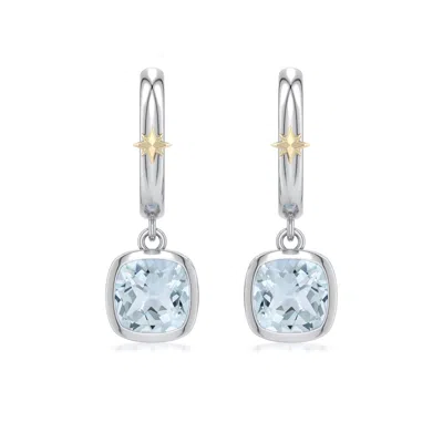Angara 1.76 Ctw Sterling Silver And 18k Yellow Gold Cushion Aquamarine Hoop Drop Earrings In Silver & 18k Yellow Gold/light Sky Blue