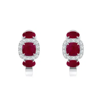 Angara 1.78 Ctw Claw Prong Cushion Lab-grown Ruby Halo Earrings In Red