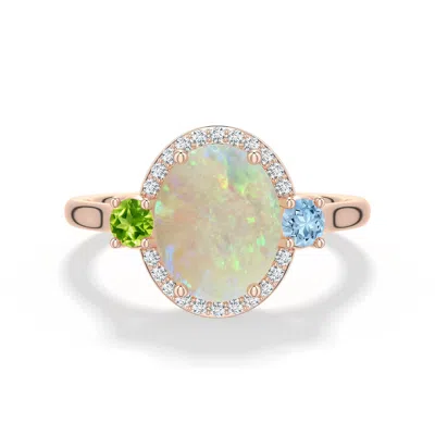 Angara 1.78 Ctw Oval Opal Halo Ring With Aquamarine And Peridot In Rose Gold/milky With Medium Play Of Colour