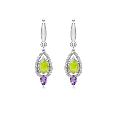 Angara 1.8 Ctw Sterling Silver And 18k Yellow Gold Pear Peridot And Amethyst Drop Earrings In Silver & 18k Yellow Gold/light Yellowish Green