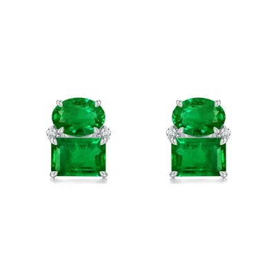 Angara 1.83 Ctw Oval And Emerald-cut Lab-grown Emerald Two-stone Stud Earrings In Green
