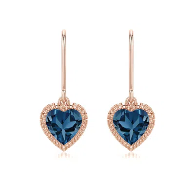 Angara 1.84 Ctw Grooved Heart London Blue Topaz Drop Earrings In Rose Gold/medium Greenish Blue