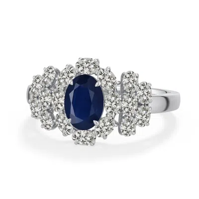 Angara 1.93 Ctw Oval Blue Sapphire Cluster Halo Cocktail Ring In Platinum/dark Blue
