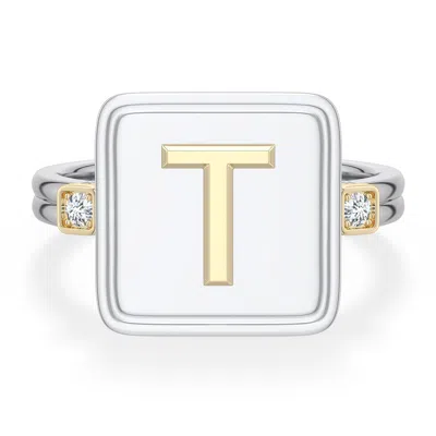 Angara 2 Mm Sterling Silver And 18k Yellow Gold Men's Embossed Capital Âtâ Initial Ring In Silver & 18k Yellow Gold/g