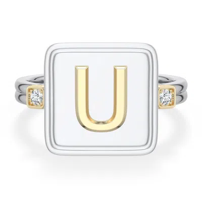 Angara 2 Mm Sterling Silver And 18k Yellow Gold Men's Embossed Capital Âuâ Initial Ring In Silver & 18k Yellow Gold/g