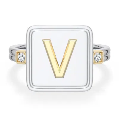 Angara 2 Mm Sterling Silver And 18k Yellow Gold Men's Embossed Capital Âvâ Initial Ring In Silver & 18k Yellow Gold/g
