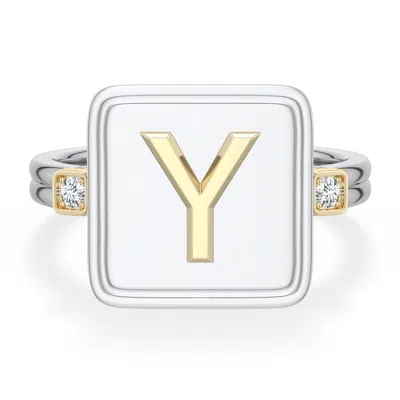 Angara 2 Mm Sterling Silver And 18k Yellow Gold Men's Embossed Capital Âyâ Initial Ring In Silver & 18k Yellow Gold/g
