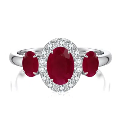 Angara 2.0 Ctw Claw Prong Oval Ruby Halo Three-stone Ring In Metallic