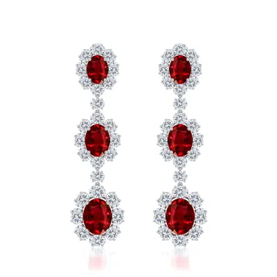 Angara 20.24 Ctw Three-tier Oval Lab-grown Ruby Halo Drop Earrings In Platinum/deep Rich Red