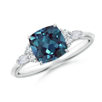 Angara 2.05 Ctw Cushion Lab-grown Alexandrite Side Stone Ring With Diamonds In Platinum/bluish Green Changing To Brownish Or Pinkish Purple
