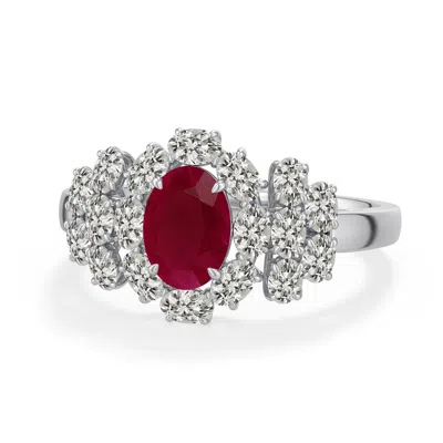Angara 2.08 Ctw Oval Ruby Cluster Halo Cocktail Ring In Platinum/dark Red