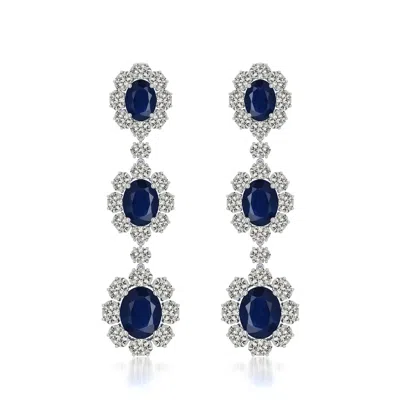 Angara 20.84 Ctw Three-tier Oval Blue Sapphire Halo Drop Earrings In Platinum/dark Blue