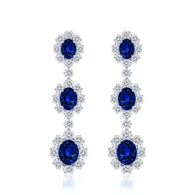 Angara 20.84 Ctw Three-tier Oval Lab-grown Blue Sapphire Halo Drop Earrings In Platinum/deep Rich Blue