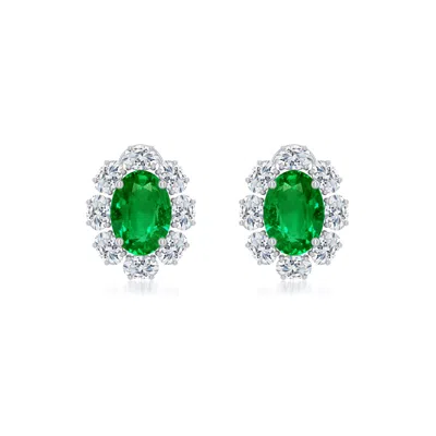 Angara 2.12 Ctw Oval Lab-grown Emerald Halo Stud Earrings In Platinum/rich Green