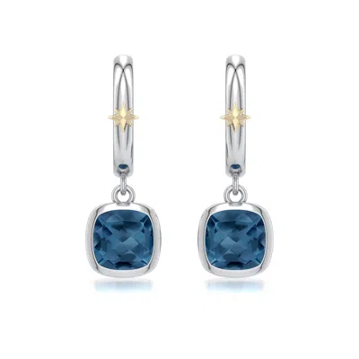Angara 2.2 Ctw Sterling Silver And 18k Yellow Gold Cushion London Blue Topaz Hoop Drop Earrings In Silver & 18k Yellow Gold/light Greenish Blue