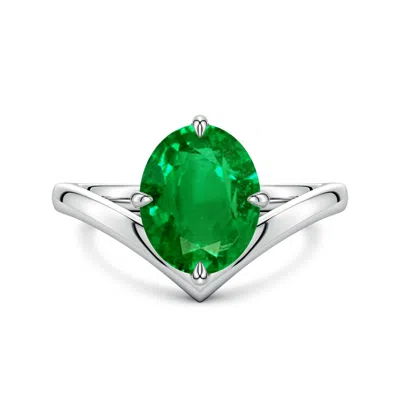 Angara 2.25 Ctw Solitaire Oval Lab-grown Emerald V-shaped Engagement Ring In Green
