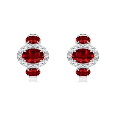 Angara 2.28 Ctw East-west Oval Lab-grown Ruby Halo Earrings In Red