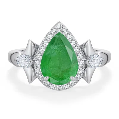 Angara 2.46 Ctw Pear Emerald Halo Engagement Ring With Marquise Accents In Platinum/medium Green