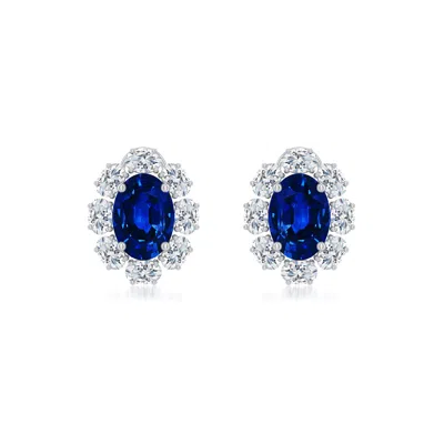 Angara 2.5 Ctw Oval Lab-grown Blue Sapphire Halo Stud Earrings In Platinum/deep Rich Blue