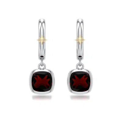 Angara 2.5 Ctw Sterling Silver And 18k Yellow Gold Cushion Garnet Hoop Drop Earrings In Silver & 18k Yellow Gold/dark Red