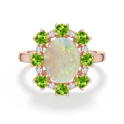 Angara 2.51 Ctw Oval Opal Ring With Peridot And Diamond Halo In Rose Gold/milky With Medium Play Of Colour