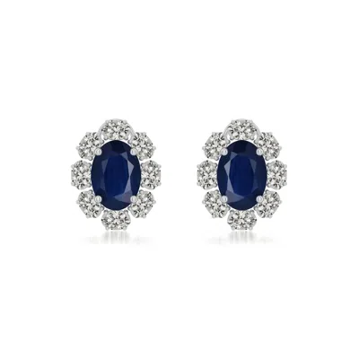 Angara 2.66 Ctw Oval Blue Sapphire Halo Stud Earrings In Platinum/dark Blue