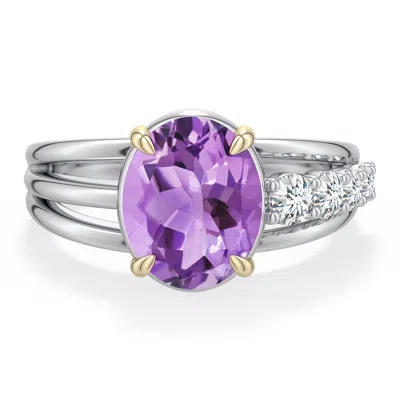 Angara 2.66 Ctw Sterling Silver And 18k Yellow Gold Oval Amethyst Ring With Diamonds In Silver & 18k Yellow Gold/light Purple