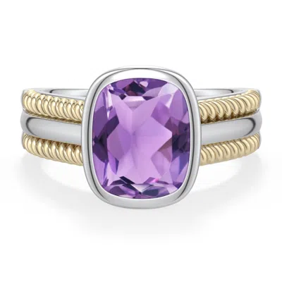 Angara 2.7 Ctw Sterling Silver And 18k Yellow Gold Cushion Rectangular Amethyst Solitaire Ring In Silver & 18k Yellow Gold/light Purple