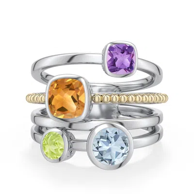 Angara 2.77 Ctw Sterling Silver And 18k Yellow Gold Cushion And Round Multi-gemstone Ring In Silver & 18k Yellow Gold/light Sky Blue