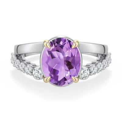 Angara 2.77 Ctw Sterling Silver And 18k Yellow Gold Oval Amethyst Split Shank Ring In Silver & 18k Yellow Gold/light Purple