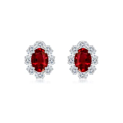 Angara 2.8 Ctw Oval Lab-grown Ruby Halo Stud Earrings In Platinum/deep Rich Red