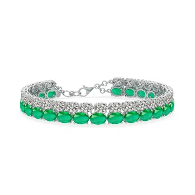 Angara 28.97 Ctw Double-row Oval Emerald And Diamond Tennis Bracelet In Platinum/medium Green