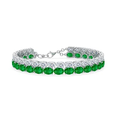 Angara 28.97 Ctw Double-row Oval Lab-grown Emerald And Diamond Tennis Bracelet In Platinum/rich Green