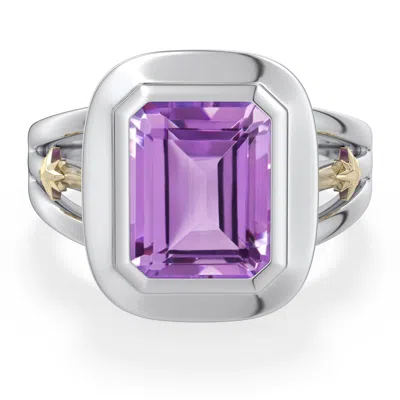 Angara 2.9 Ctw Sterling Silver And 18k Yellow Gold Emerald-cut Amethyst Ring In Silver & 18k Yellow Gold/light Purple