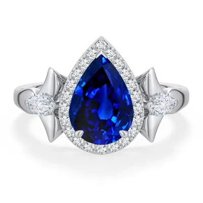 Angara 2.91 Ctw Pear Lab-grown Blue Sapphire Halo Engagement Ring With Marquise Accents In Platinum/deep Rich Blue