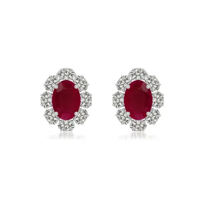 Angara 2.96 Ctw Oval Ruby Halo Stud Earrings In Platinum/dark Red