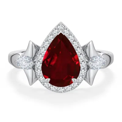 Angara 2.96 Ctw Pear Lab-grown Ruby Halo Engagement Ring With Marquise Accents In Platinum/deep Rich Red
