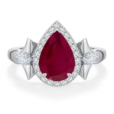 Angara 2.96 Ctw Pear Ruby Halo Engagement Ring With Marquise Accents In Platinum/dark Red