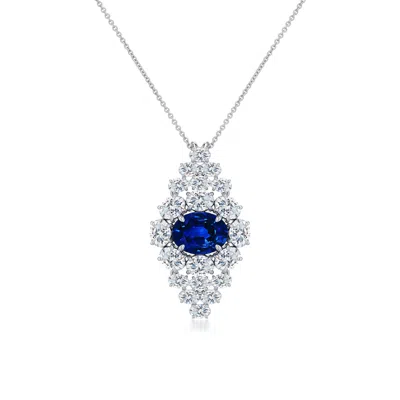 Angara 3.11 Ctw East-west Oval Lab-grown Blue Sapphire Cluster Halo Pendant In Platinum/deep Rich Blue