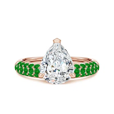 Angara 3.2 Ctw Off-centered Pear Diamond Engagement Ring With Emeralds In Green