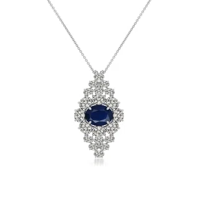 Angara 3.23 Ctw East-west Oval Blue Sapphire Cluster Halo Pendant In Platinum/dark Blue