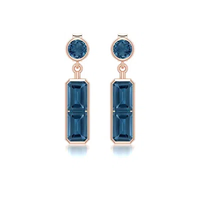 Angara 3.24 Ctw Round And Emerald-cut London Blue Topaz Drop Earrings In Rose Gold/medium Greenish Blue