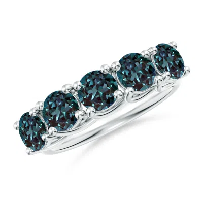 Angara 3.25 Ctw Round Lab-grown Alexandrite Half Eternity Five Stone Ring In Platinum/bluish Green Changing To Brownish Or Pinkish Purple