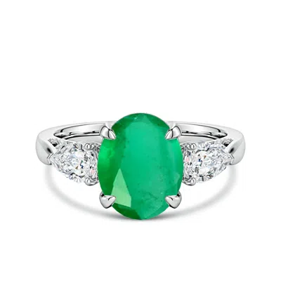 Angara 3.29 Ctw Oval Emerald And Sideways Pear Diamond Three-stone Engagement Ring In Green